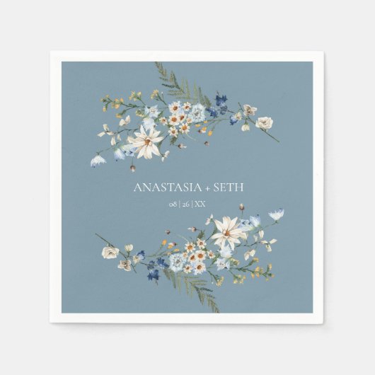 Serviette En Papier Rustique Dusty Blue Fleurs sauvages & Daisy Mariag (Devant)