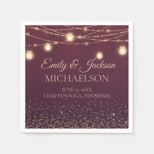 Serviette En Papier Rustique Elegant Bourgogne Gold String Mariage (Devant)