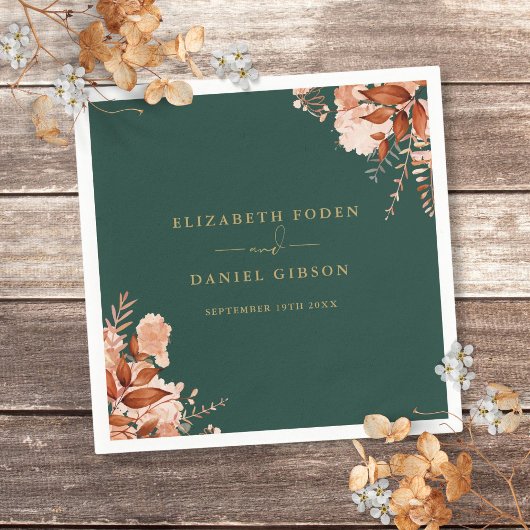 Serviette En Papier Rustique Floral Emerald Vert Et Mariage Or