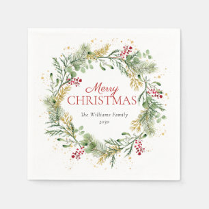 Serviette En Papier Rustique Gold Winter Greenery Wreath Joyeux Noël