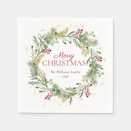 Serviette En Papier Rustique Gold Winter Greenery Wreath Joyeux Noël (Devant)