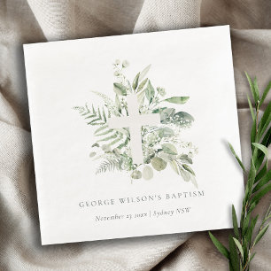 Serviette En Papier Rustique Green Eucalyptus Fern Foliage Croix Baptê