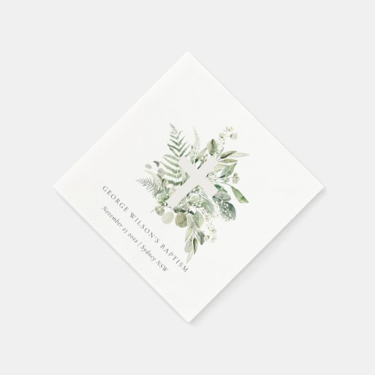 Serviette En Papier Rustique Green Eucalyptus Fern Foliage Croix Baptê (Coin)