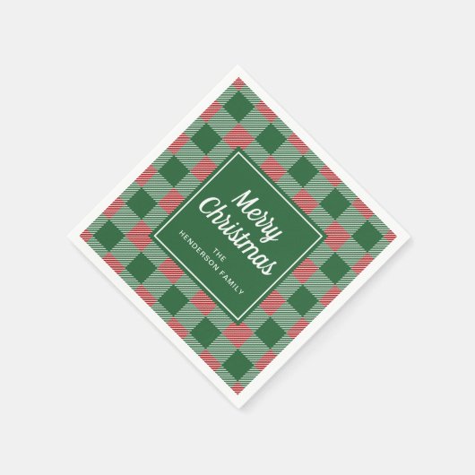 Serviette En Papier Rustique Green Plaid Joyeux Noël (Coin)