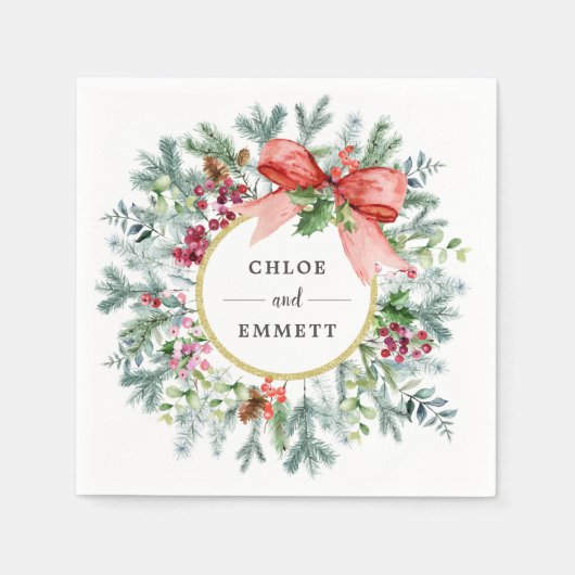 Serviette En Papier Rustique hiver Botanique Verdure Mariage Bow rouge (Devant)