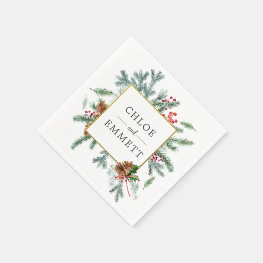 Serviette En Papier Rustique hiver Botanique Verdure Mariage Bow rouge (Coin)