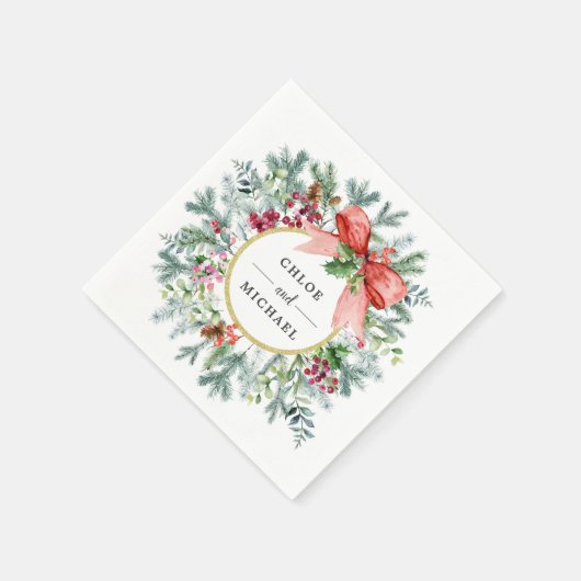 Serviette En Papier Rustique hiver Botanique Verdure Mariage Bow rouge (Coin)