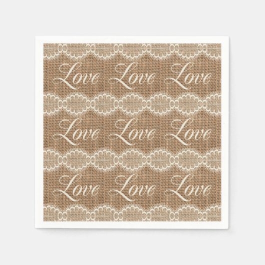 Serviette En Papier Rustique Mariage Burlap Lace Love (Devant)
