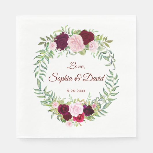 Serviette En Papier Rustique Marsala Floral Wreath Bourgogne Mariage R (Devant)