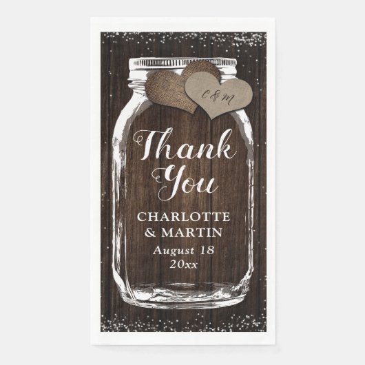 Serviette En Papier Rustique Mason Jar Wood Burlap Merci Mariage (Devant)
