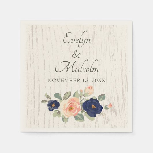 Serviette En Papier Rustique Pays Marine Bleu et Pêcher Floral Mariage (Devant)