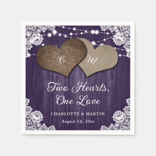 Serviette En Papier Rustique Pays Violet Bois Burlap Mariage dentelle (Devant)