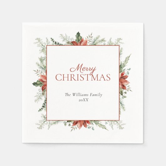 Serviette En Papier Rustique Poinsettia Berry Verdure Joyeux Noël (Devant)