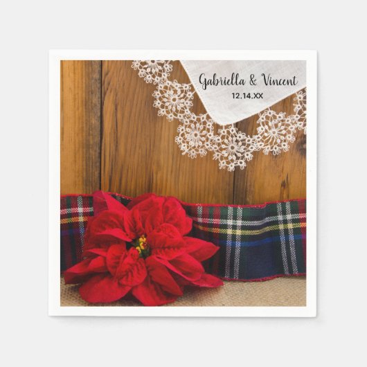 Serviette En Papier Rustique Poinsettia et Plaid Country Mariage d'hiv (Devant)