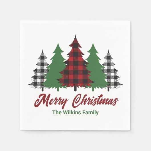Serviette En Papier Rustique Red Plaid Joyeux Noël Arbres (Devant)
