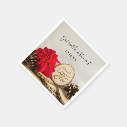 Serviette En Papier Rustique Rouge Poinsettia Bois Mariage d'hiver (Coin)