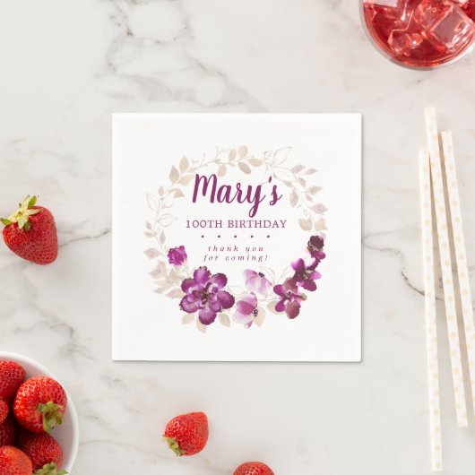 Serviette En Papier Rustique violet rose floral 100e anniversaire Merc (En situation)