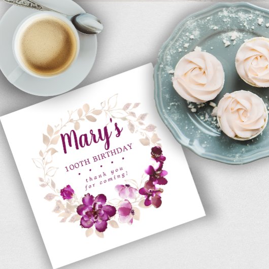 Serviette En Papier Rustique violet rose floral 100e anniversaire Merc
