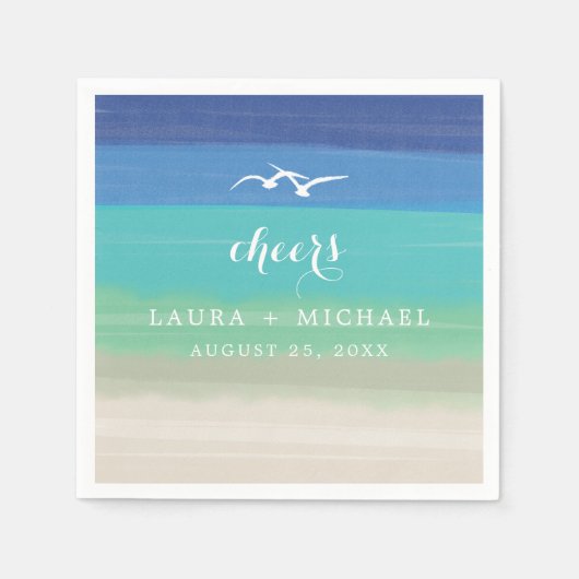 Serviette En Papier Sable, mer et mouettes | MARIAGE (Devant)