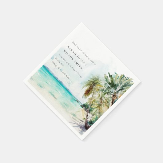 Serviette En Papier Sable Tropical Beach Aquarelle Palm Trees Mariage (Coin)