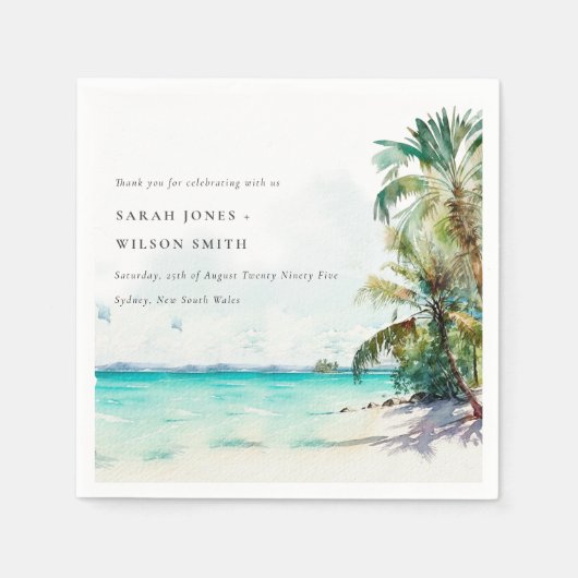 Serviette En Papier Sable Tropical Beach Aquarelle Palm Trees Mariage (Devant)