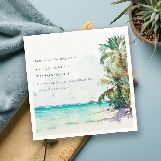 Serviette En Papier Sable Tropical Beach Aquarelle Palm Trees Mariage
