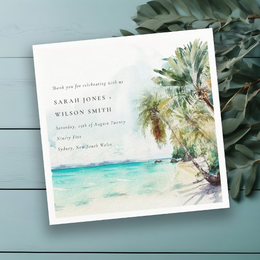 Serviette En Papier Sable Tropical Beach Aquarelle Palm Trees Mariage
