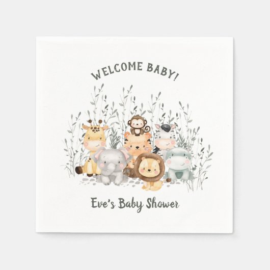 Serviette En Papier Safari Animaux Baby shower serviettes (Devant)