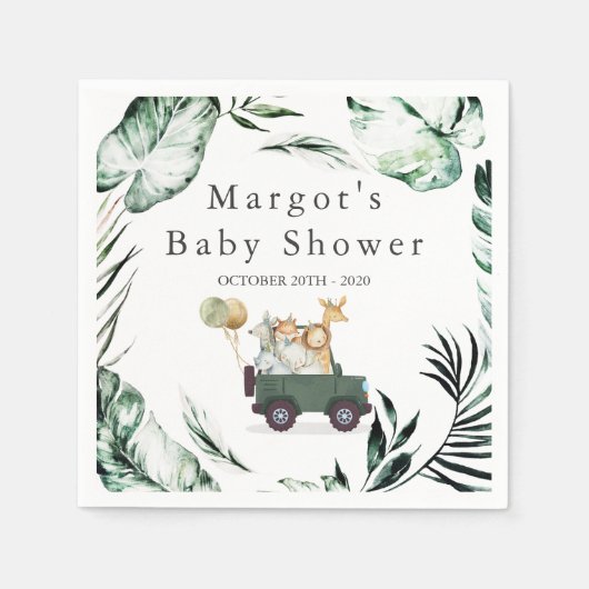 Serviette En Papier Safari Animaux Conduite Par Baby shower Verdure Or (Devant)