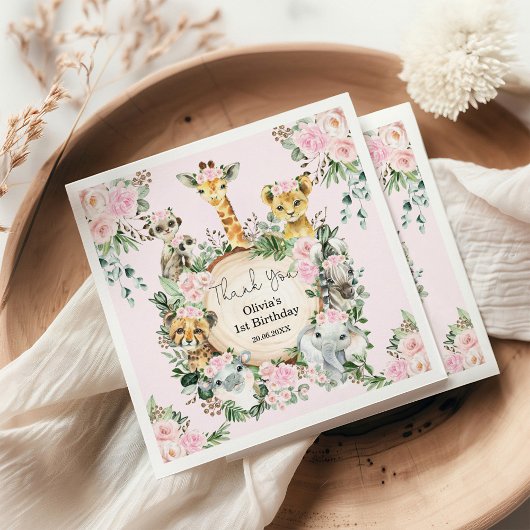 Serviette En Papier Safari Animaux sauvages Rose Floral Anniversaire P