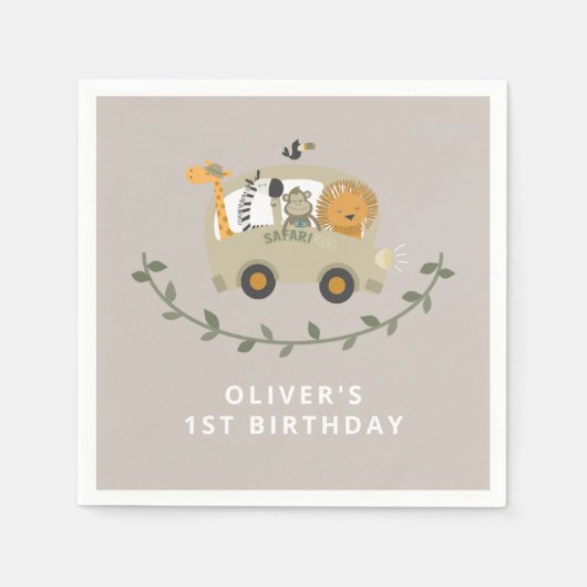 Serviette En Papier Safari Jungle Animaux 1er Anniversaire Nom personn (Devant)