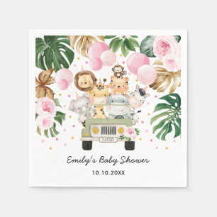 Serviette En Papier Safari Jungle Animaux Végétation Ballons roses Béb