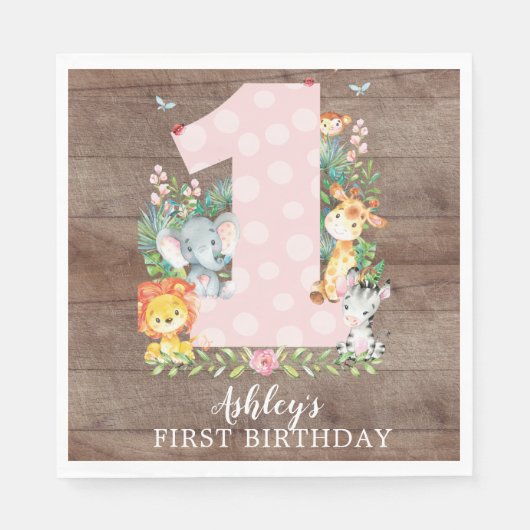 Serviette En Papier Safari Jungle Girls First Birthday Papier serviett (Devant)