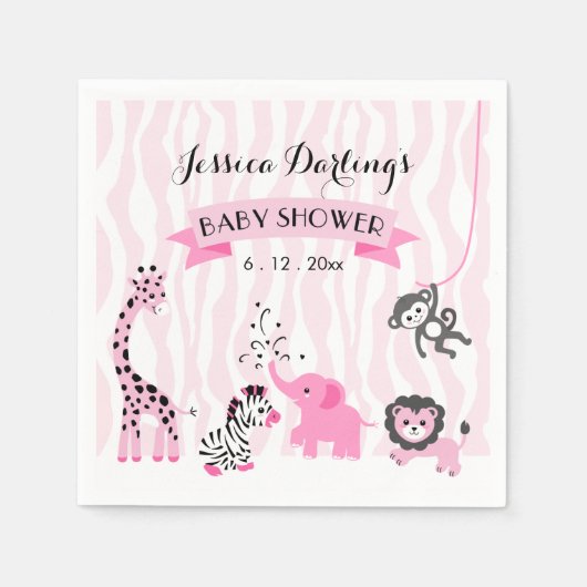 Serviette En Papier Safari rose Jungle Animaux Baby Girl Douche Napkin (Devant)