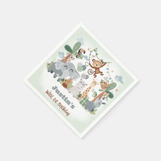 Serviette En Papier Safari ZOO Animaux Wild One Green 1er Anniversaire (Coin)