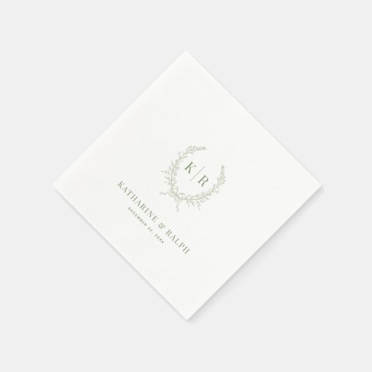 Serviette En Papier Sage Botaniacal & Ribbon Crest Monogram Mariage (Coin)