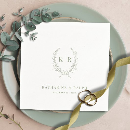 Serviette En Papier Sage Botaniacal & Ribbon Crest Monogram Mariage