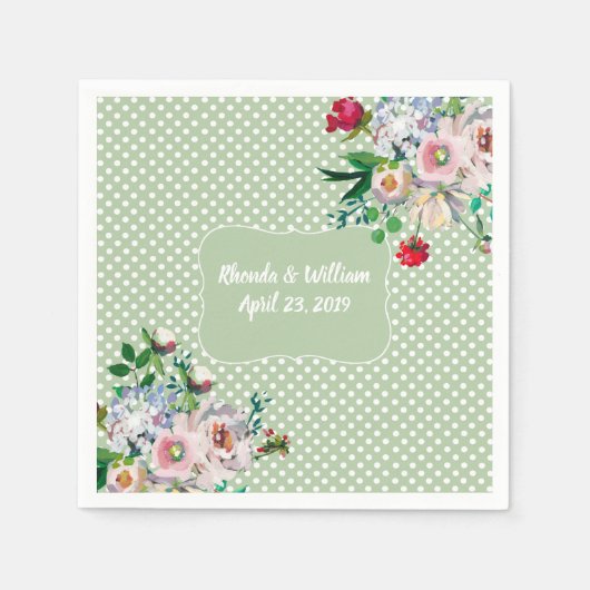 Serviette En Papier Sage clair avec points blancs et Mariage de fleurs (Devant)