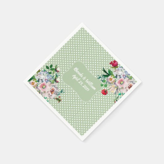 Serviette En Papier Sage clair avec points blancs et Mariage de fleurs (Coin)