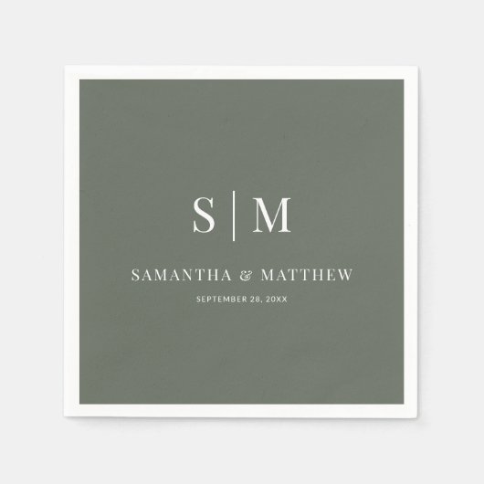 Serviette En Papier Sage foncé Simple Élégant Couple Initiales Mariage (Devant)