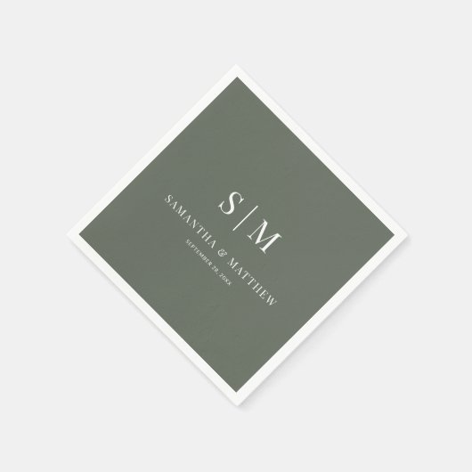 Serviette En Papier Sage foncé Simple Élégant Couple Initiales Mariage (Coin)