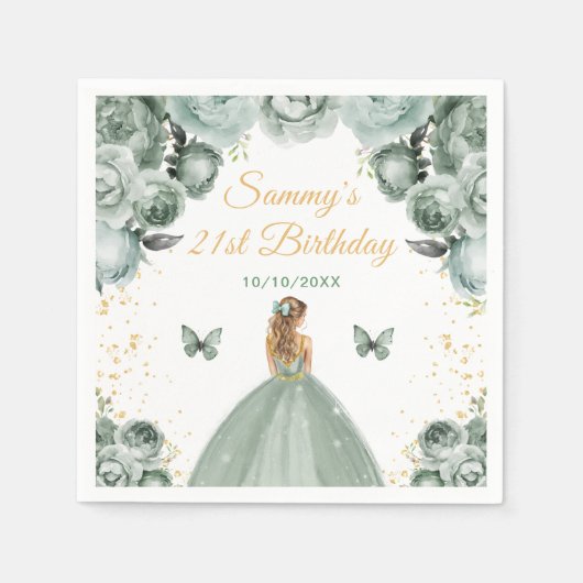 Serviette En Papier Sage Green Blonde Coiffure Princesse Anniversaire (Devant)