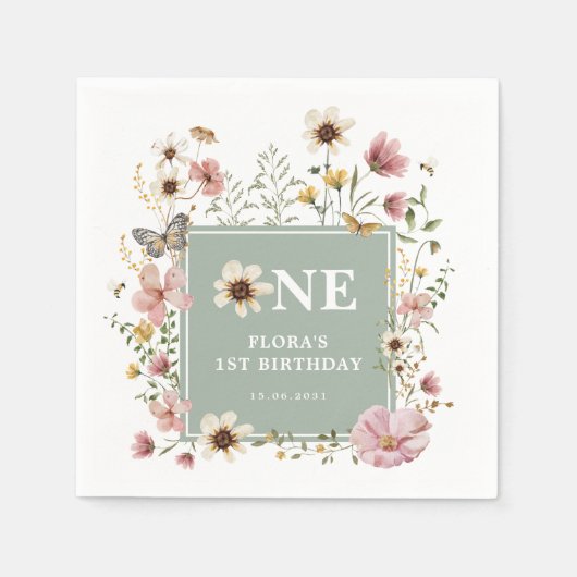 Serviette En Papier Sage Green Boho Fleur sauvage Fille 1er anniversai (Devant)