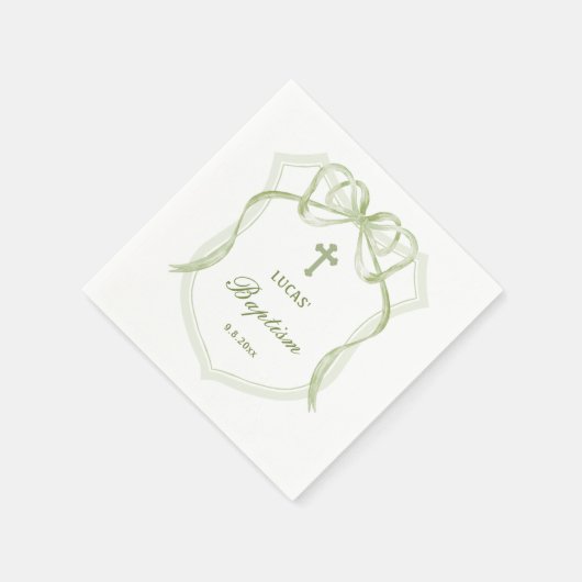 Serviette En Papier Sage Green Bow Crest Baptême (Coin)