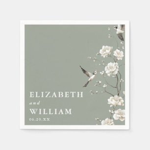 Serviette En Papier Sage Green Elegant Chinoiserie Floral Mariage