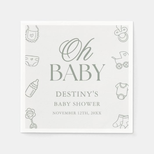 Serviette En Papier Sage Green Elegant Hand Drawn Baby Shower (Devant)