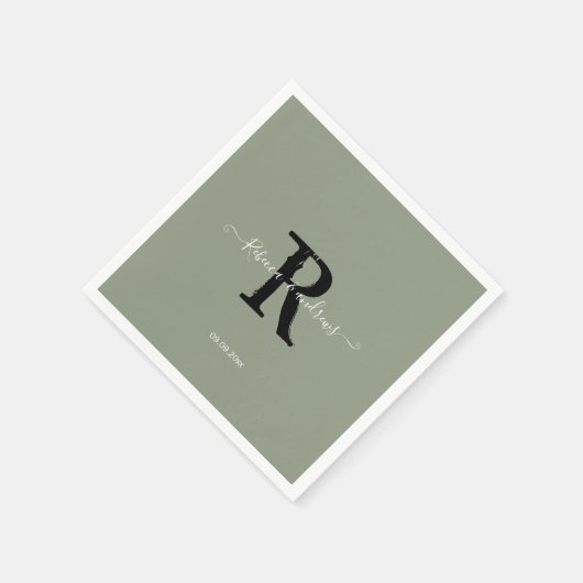 Serviette En Papier Sage Green Elegant Monogramme Script Mariage initi (Coin)