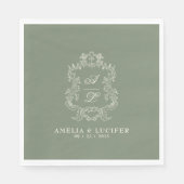 Serviette En Papier Sage Green et ivoire Floral Monogram Crest Mariage (Devant)
