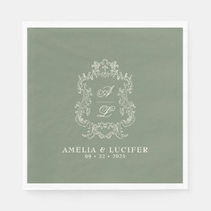 Serviette En Papier Sage Green et ivoire Floral Monogram Crest Mariage