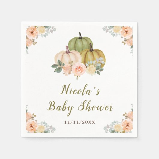 Serviette En Papier Sage Green et Peach Floral Citrouille Baby shower (Devant)